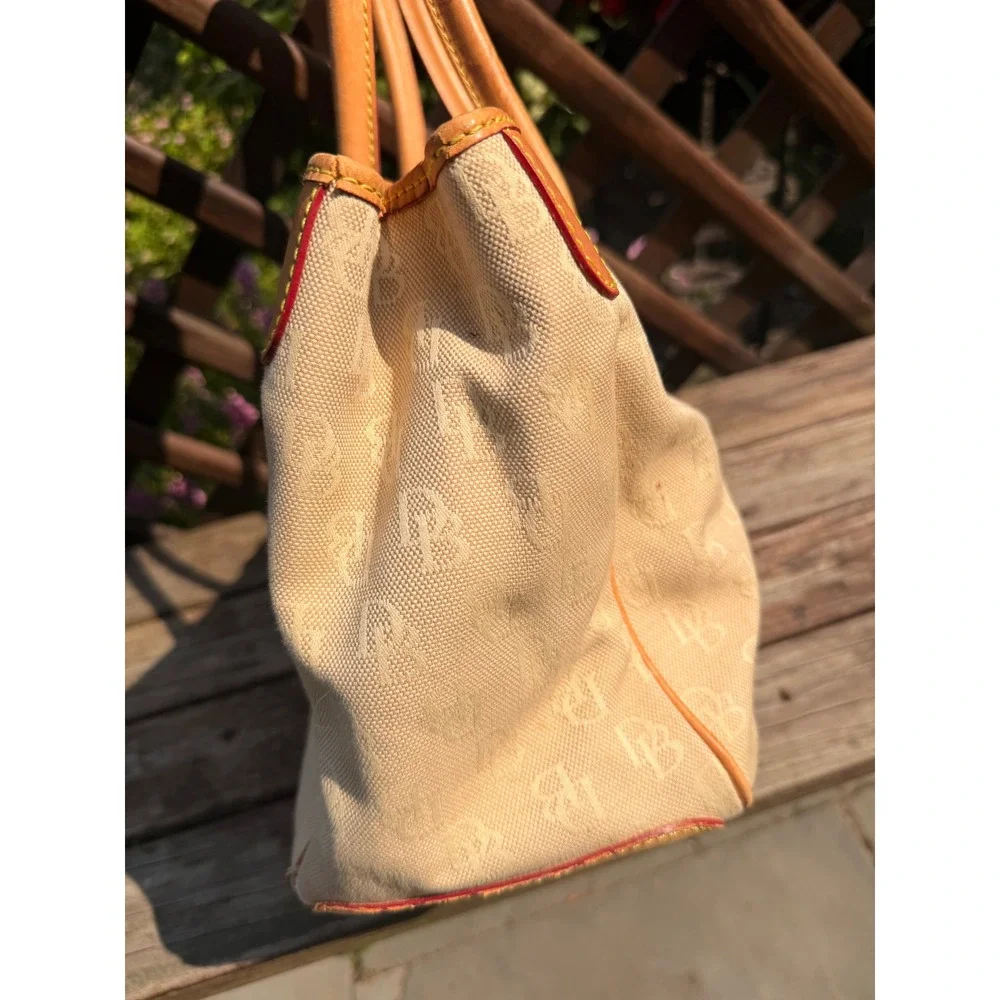 Dooney & Bourke Monogram Canvas Tote Bag Beige Tan Leather Trim J6856915